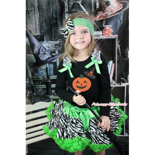  Halloween Black Long Sleeve Top Zebra Ruffles Dark Green Bow & Pumpkin Witch Hat & Pumpkin & Dark Green Zebra Pettiskirt MW551